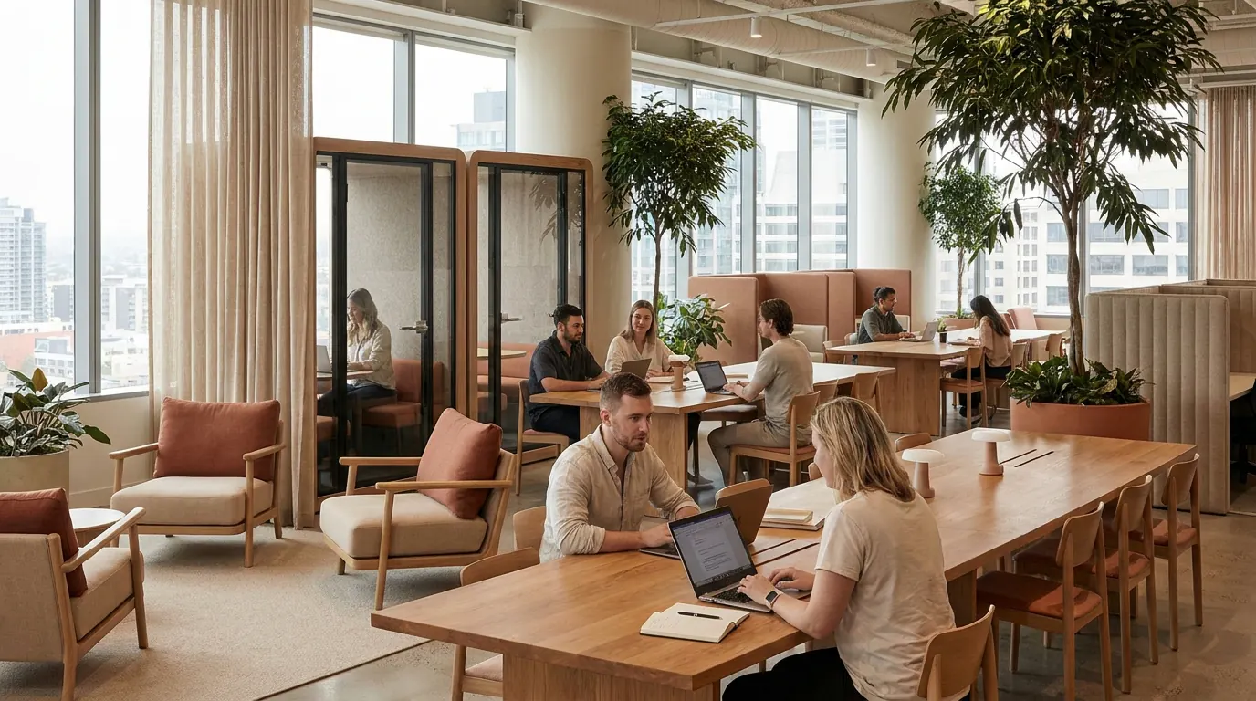 An open-plan workplace floor: people working at long timber tables and upholstered booths, a glass meeting pod behind them and the city through full-height windows.