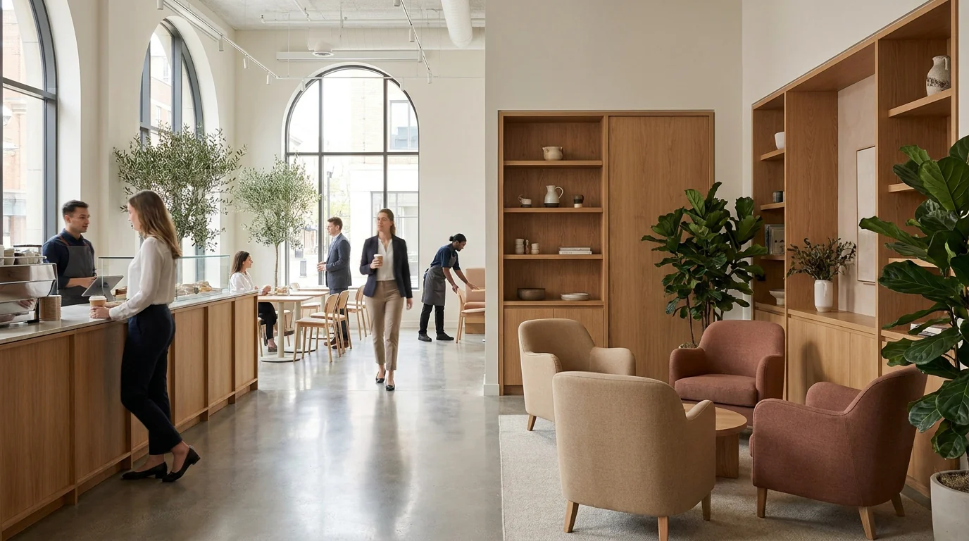 A bright shared lounge and café under tall arched windows: someone being served at the coffee counter, people at tables, an attendant resetting an armchair.