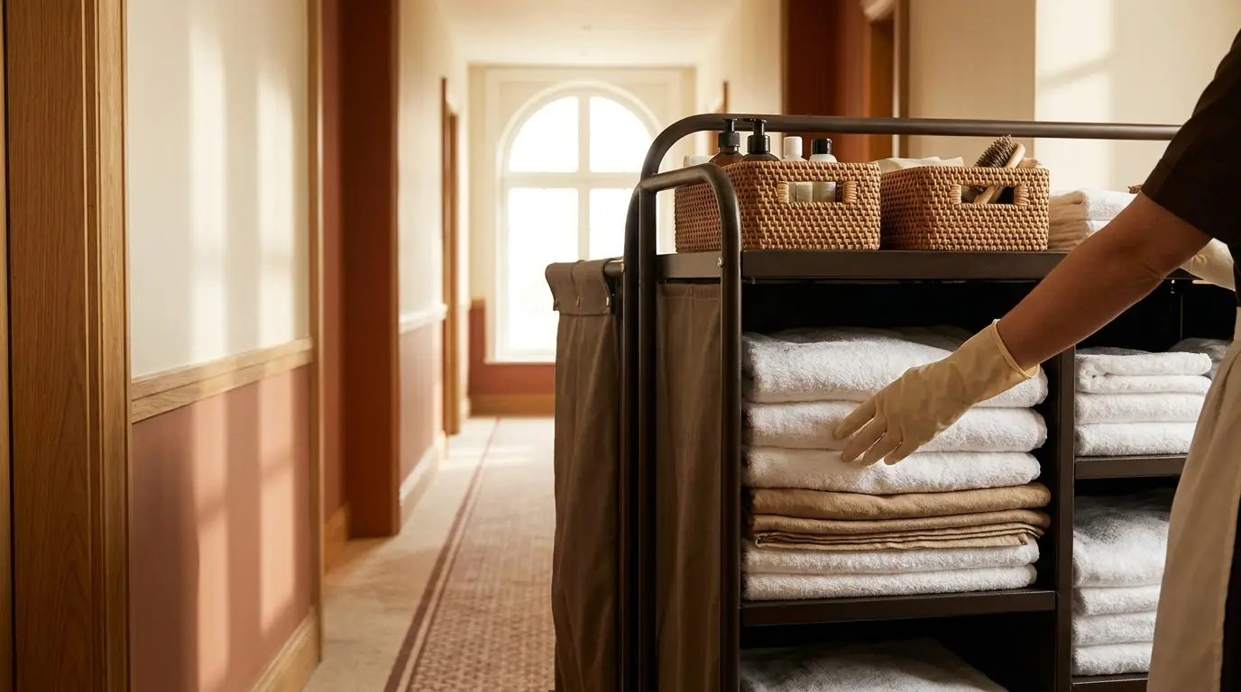 A housekeeping trolley stacked with folded towels and amenity baskets in a sunlit guest corridor, an attendant reaching for the top pile.