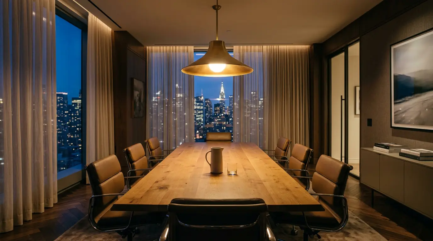 An empty boardroom at night: a long oak table under a single pendant lamp, city lights through the windows behind it.