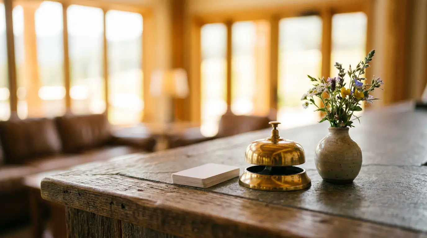 A brass call bell and a small vase of wildflowers on a timber reception counter, the lobby windows bright behind them.