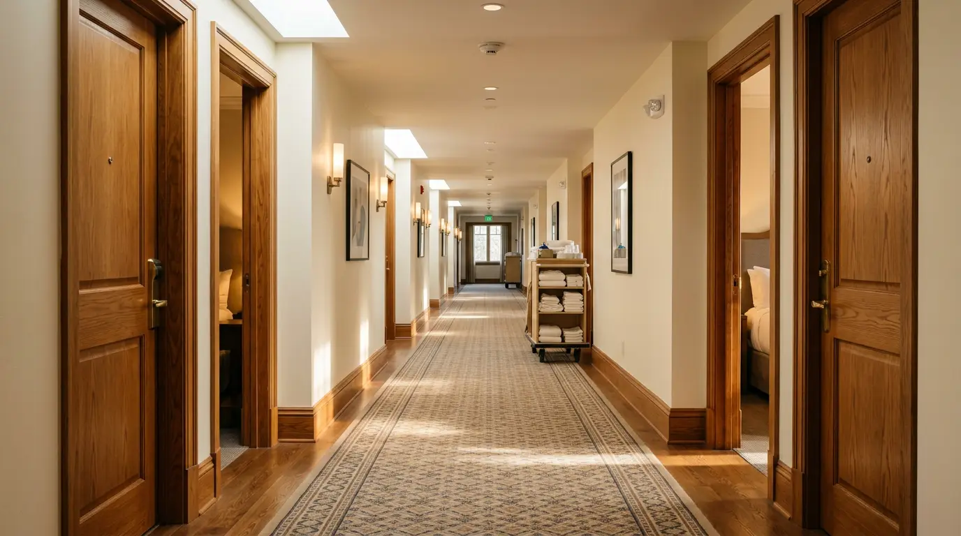 A quiet corridor between guest rooms, patterned runner underfoot, a linen trolley parked part way along and two doors standing open.